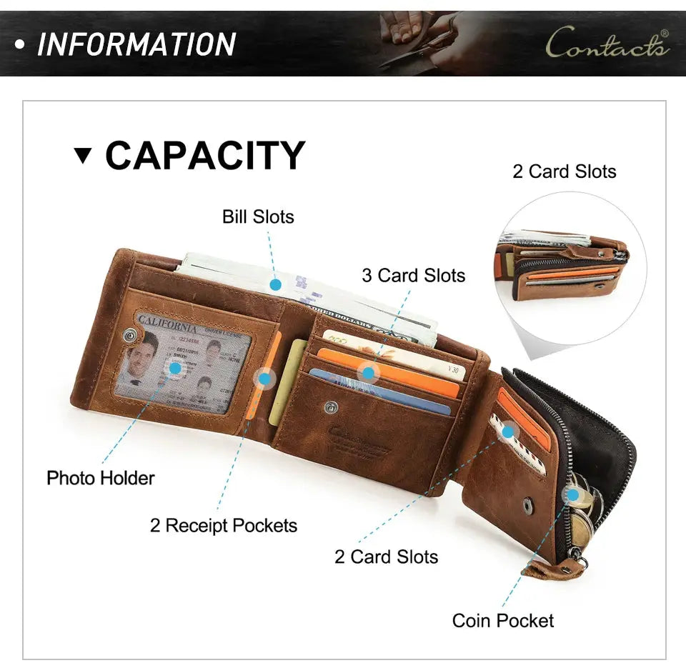 Contacts genuine Crazy Horse cowhide leather men's wallet with trifold design, zip coin pocket and photo holder