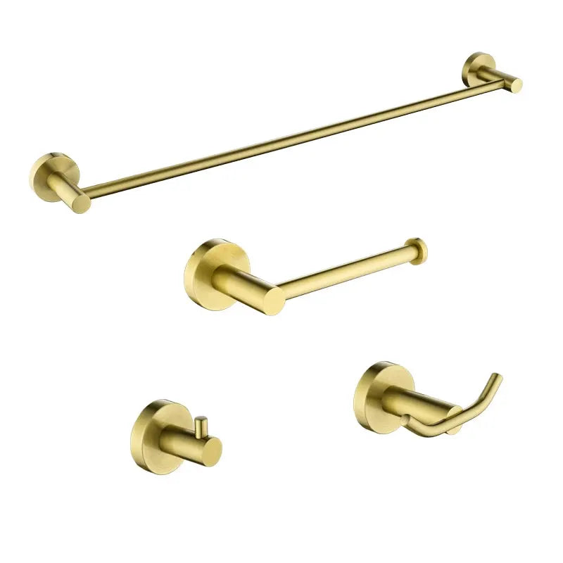 4-piece brushed gold bathroom hardware set with wall-mount towel bar, toilet paper holder, robe hook and small hook
