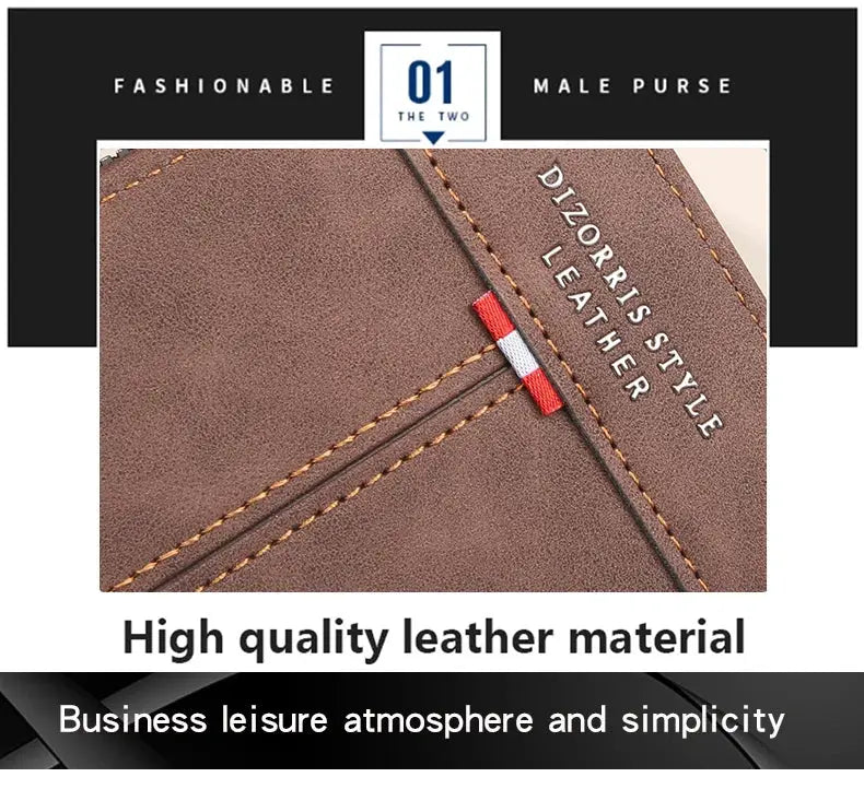 Simples Market men's brown leather tri-fold wallet with short horizontal zipper, retro casual style