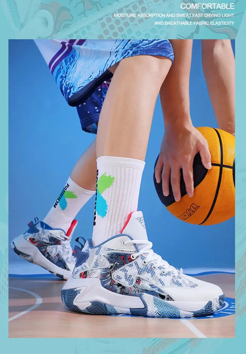 Simples Market men's athletic sneakers pair, white with blue graphic pattern and breathable mesh