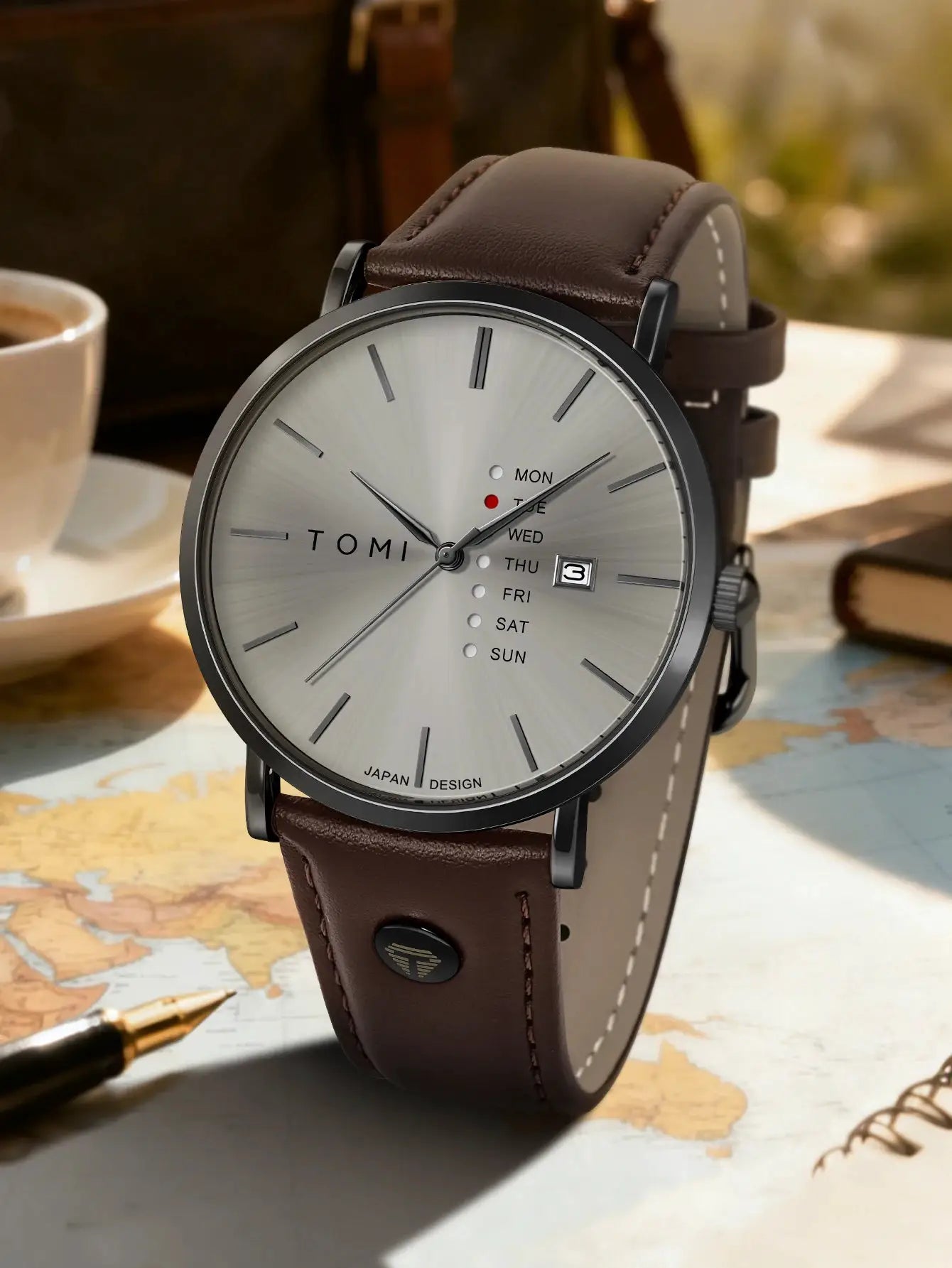 TOMI men's quartz wristwatch with silver dial, brown leather strap, weekday calendar and date window.