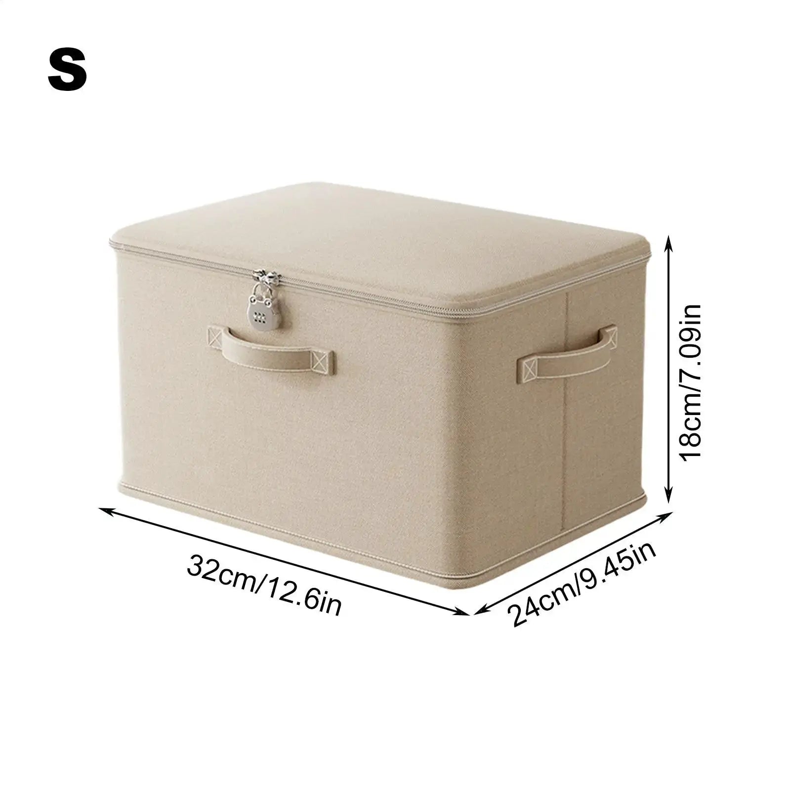 Lockable beige fabric storage box with zip lid, side handles, and padlock; 32x24x18 cm