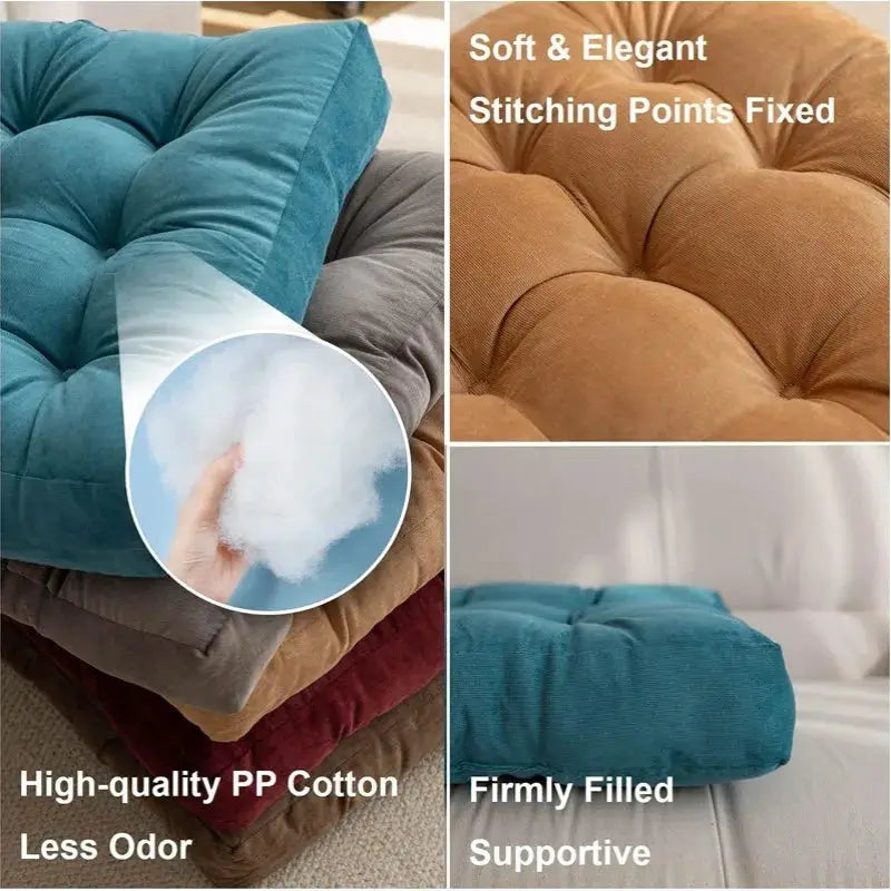Floor pillows by Simples Market; square tufted cushions in teal, brown, and gray with firm filling.