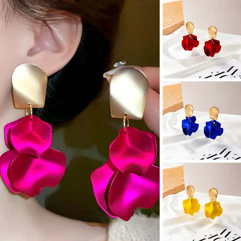 Solid Color Twisted Smooth Rose Flower Petal Dangle Earrings For Women Vintage Fashion Elegant Exaggerated Jewelry
