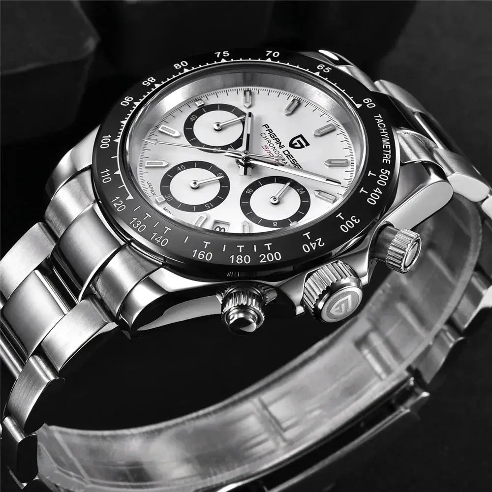 Pagani Design PD1644 men's chronograph watch; stainless steel bracelet, sapphire glass, black tachymeter bezel.