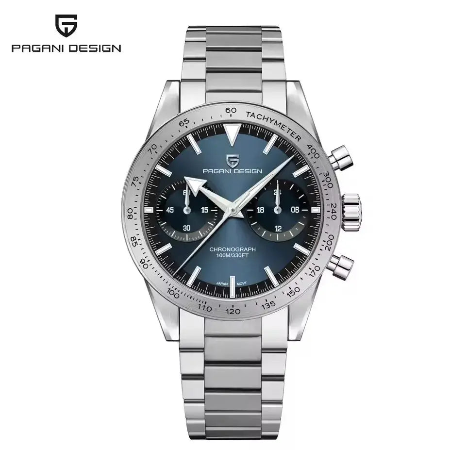 Pagani Design men's stainless steel chronograph watch with blue dial and tachymeter bezel