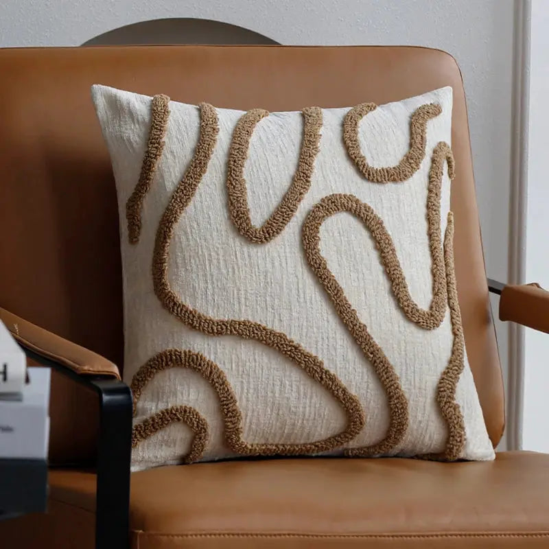 Throw pillow cover by Simples Market, white with tan geometric chenille lines, 45x45 cm