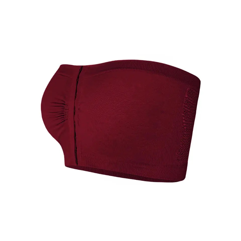 Simples Market women's plus-size strapless bandeau bra, front-closure, seamless wireless bralette in burgundy.