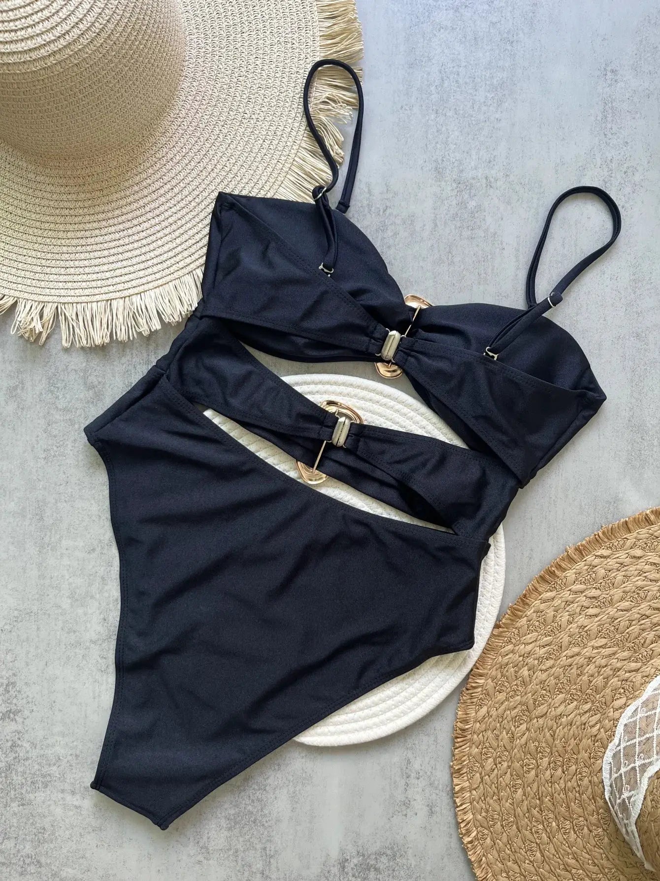 3 Colors Sexy Metal Rings Cut Out Women Neoprene Swimwear One Piece Bandeau High Leg Bathing Suit