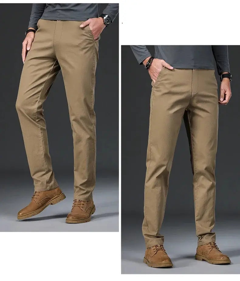 Men's khaki cotton casual pants, slim straight fit, shown in front and side views with brown shoes