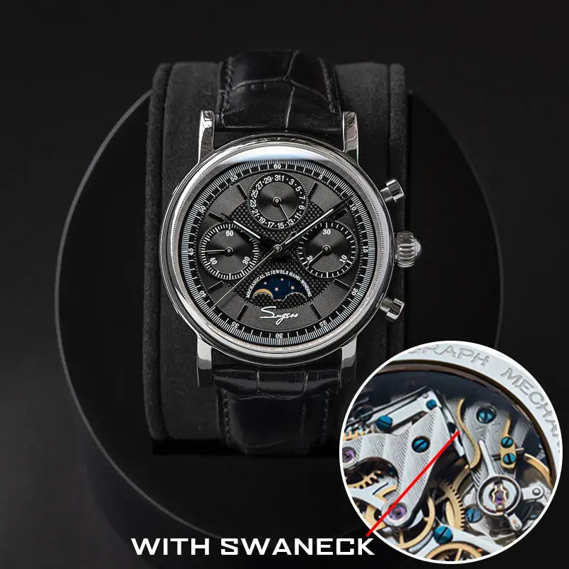 Sugess ST1908 men’s wristwatch with swanneck movement, black dial, moonphase calendar, leather strap