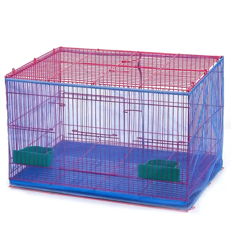Mesh bird cage with purple bars and blue base, two green feeders.