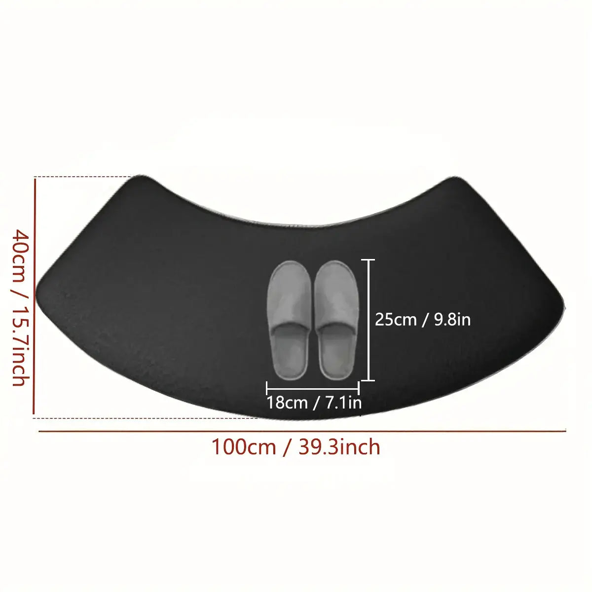 Black curved bathroom mat, thickened absorbent non-slip design; 100x40 cm (39.3x15.7 in).