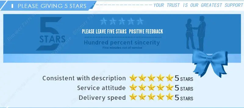 Blue five-star rating banner with a decorative bow on the right and prompts for five-star feedback.