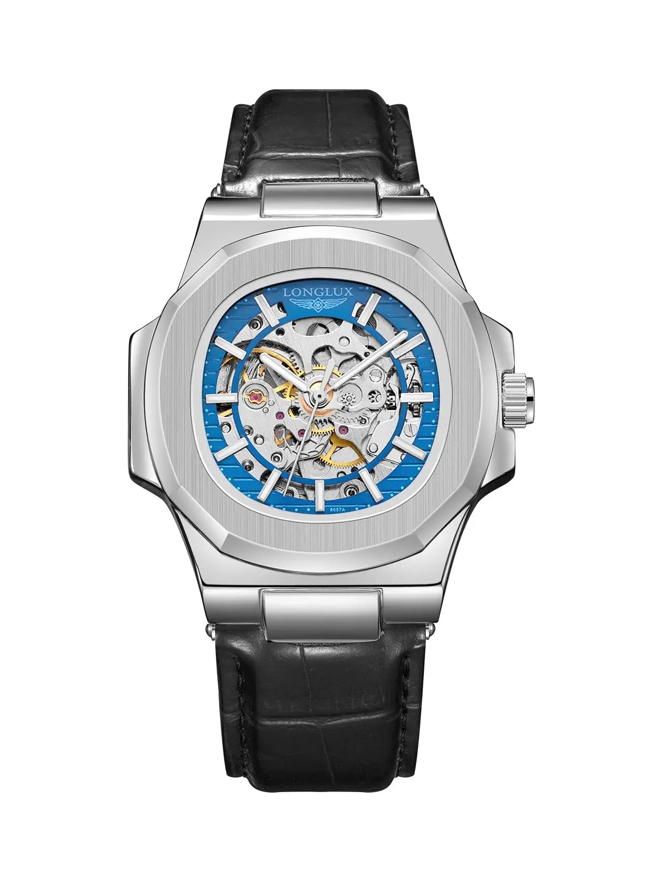 LONGLUX Automatic Mechanical Skeleton Dial Watch For Men Waterproof Outdoor Leather Strap Timepiece