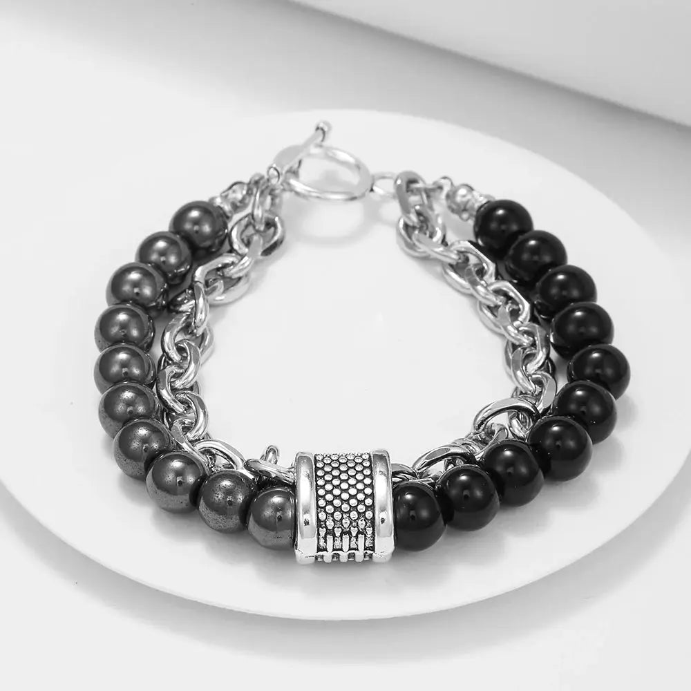 Fashion Punk Frosted Stone Chain Geometric Double Layer Beaded Bracelet Stainless Steel All Match Trend Accessory