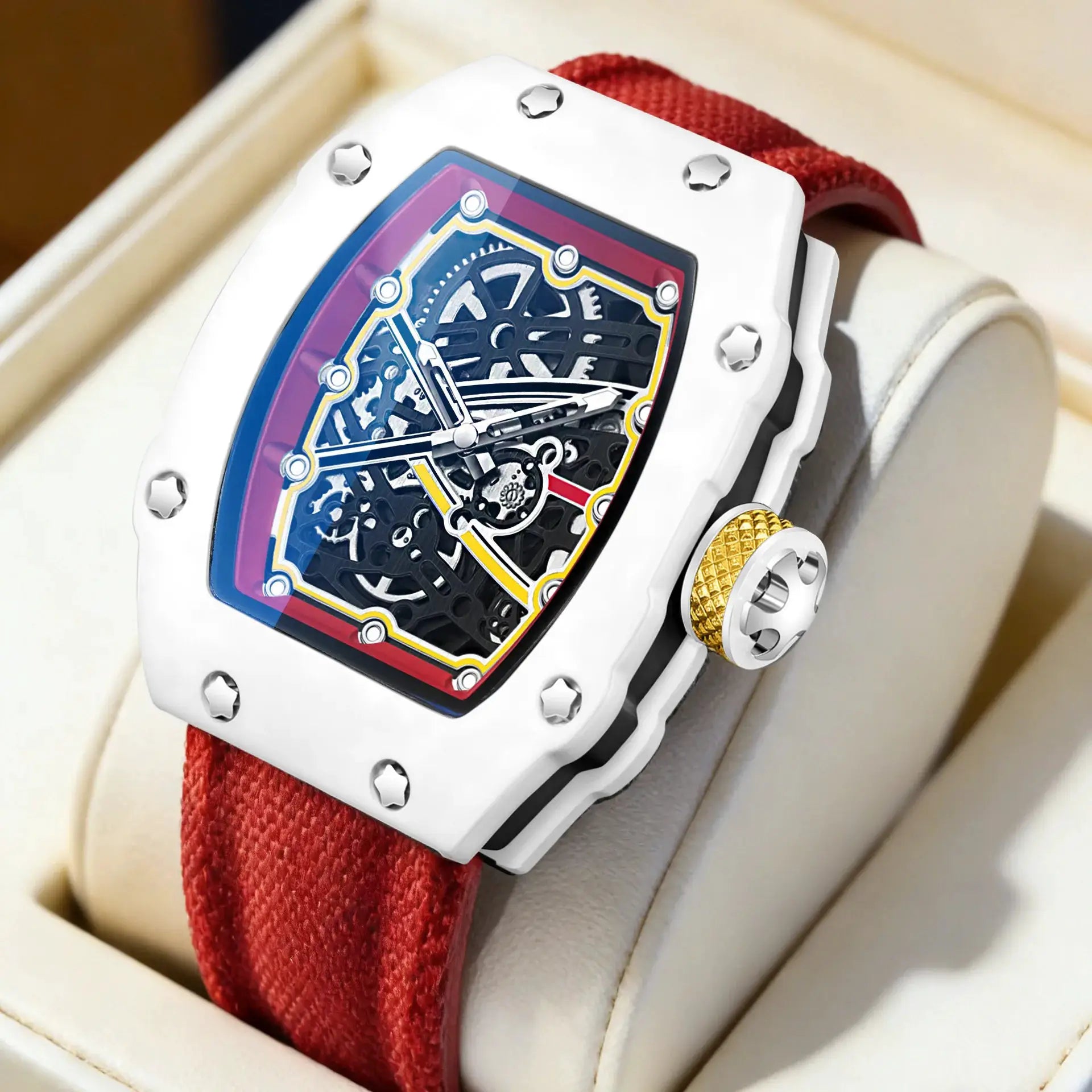 White tonneau skeleton quartz watch with red nylon strap