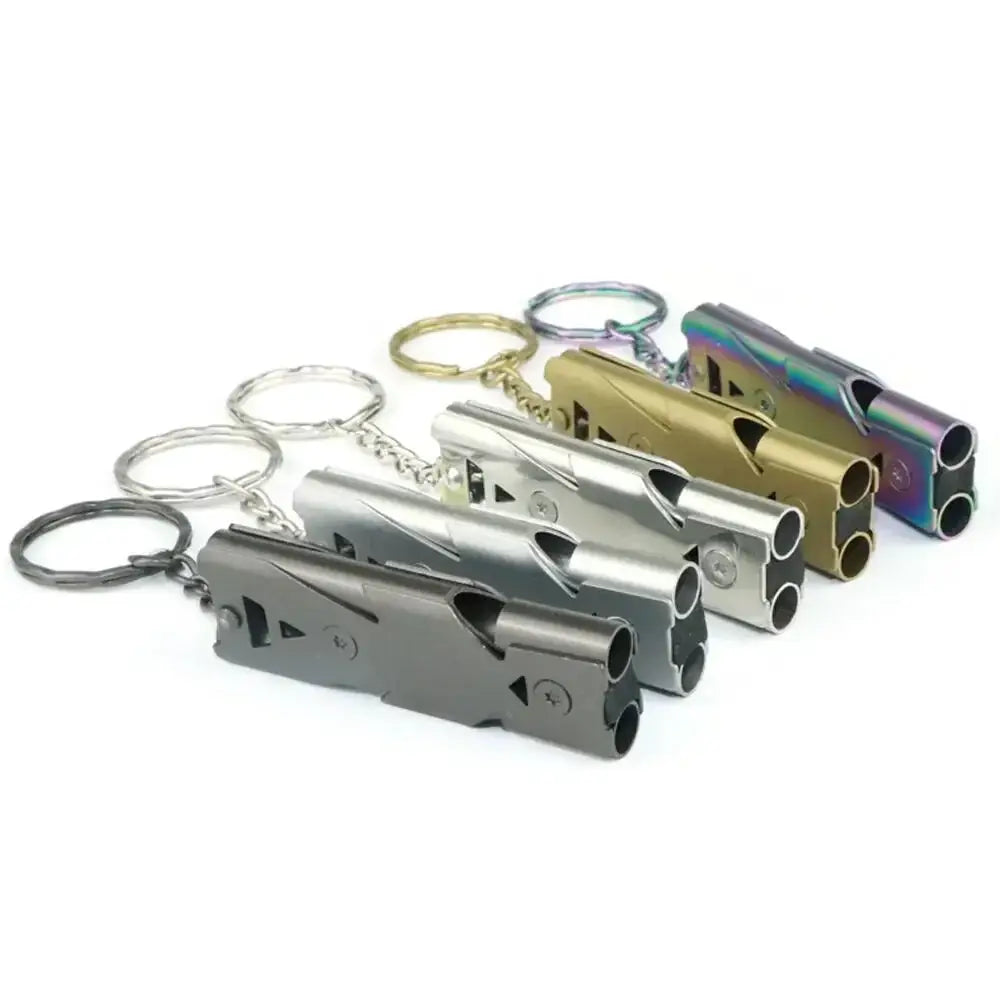 Double pipe whistle pendant keychain set: six metallic finishes for outdoor emergency use