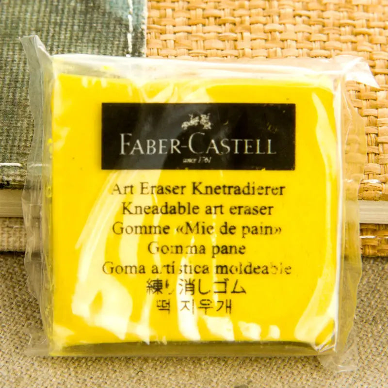 Faber-Castell Plasticity eraser in a yellow block, wrapped in clear plastic