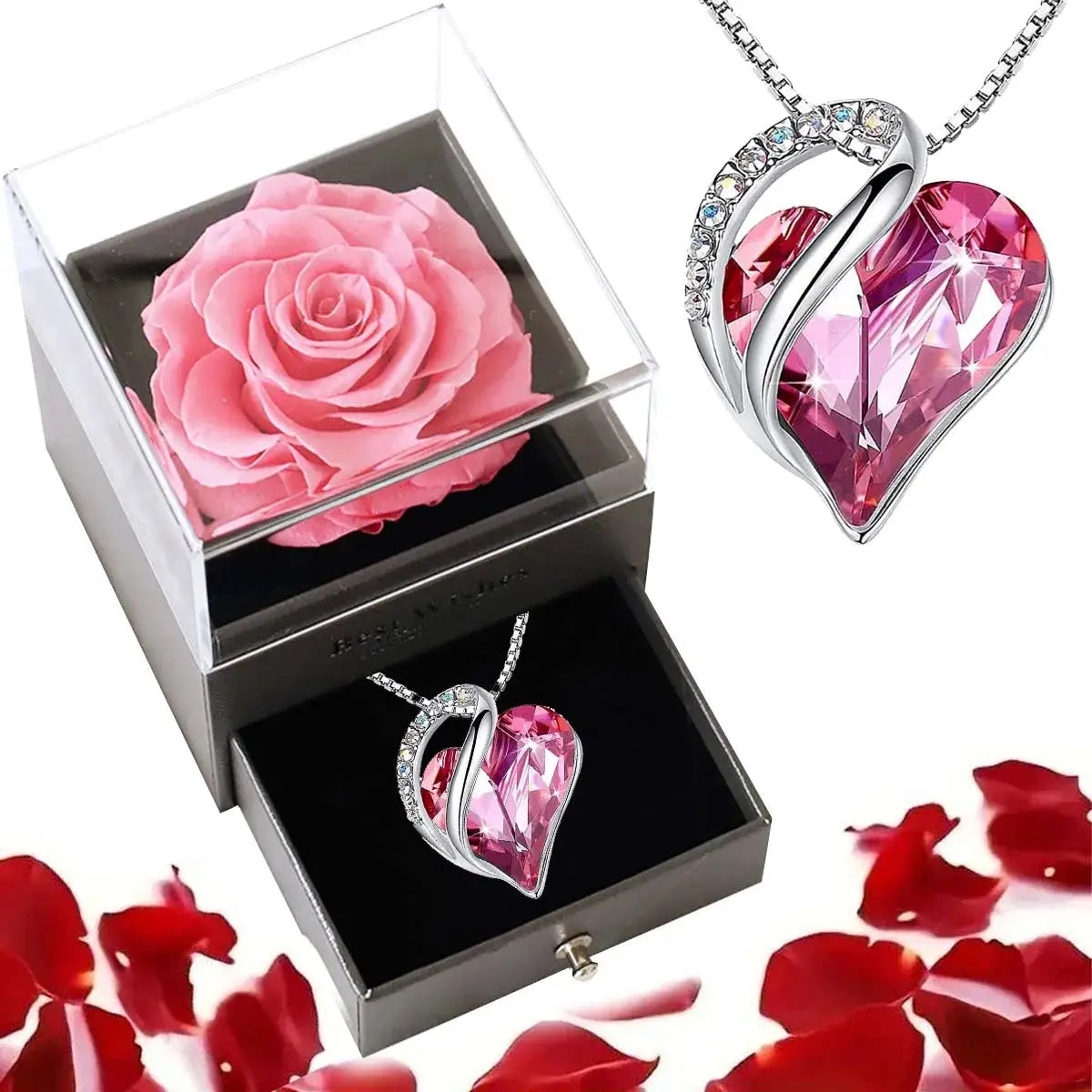Simples Market Ocean Heart Love Necklace with pink crystal heart pendant on silver chain in an eternal rose jewelry box