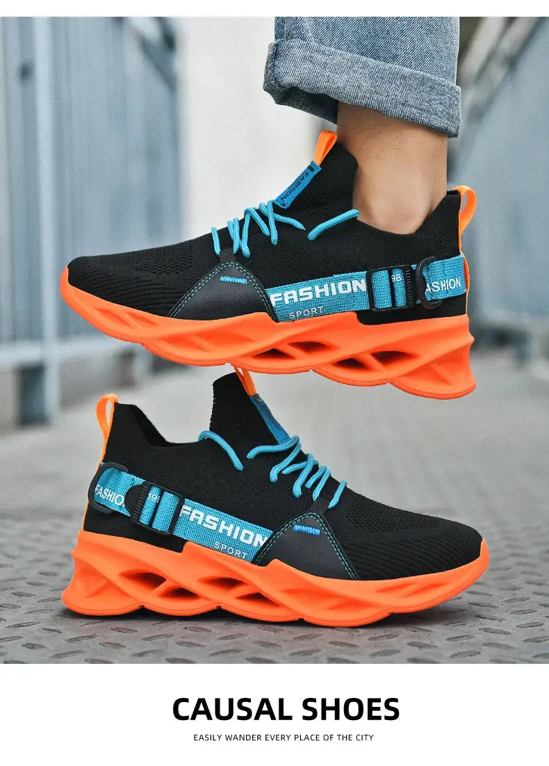 Sneakers unisex mesh breathable casual shoes with black upper, neon orange thick sole, blue laces and blue fashion strap
