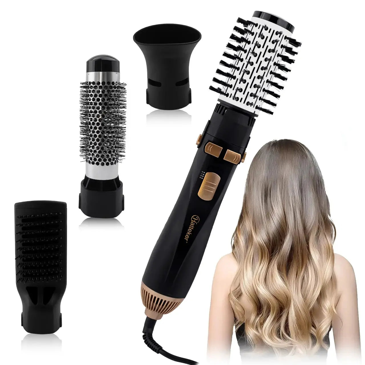 Hatteker EU 4-Head hot air brush with 4 attachments, black with copper accents, shown with a model’s wavy hair.