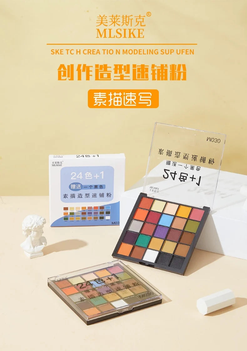 Pastel powder set, 24 colors +1, MLSLIKE by Simples Market; open and closed color palettes on display