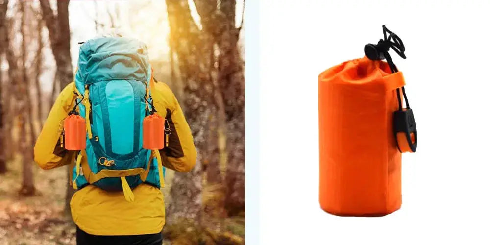 Emergency survival sleeping bag Mylar blanket by Simples Market, portable waterproof with orange pouch and drawstring.