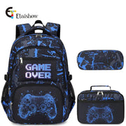3-piece boys backpack set in blue/black with gaming print; includes lunch bag and pencil case by Simples Market