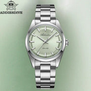 Addiesdive 36mm men's watch with light green dial, stainless steel bracelet, bubble glass, 100m water resistant