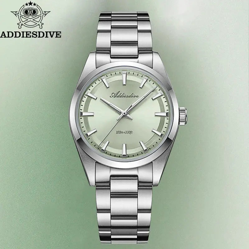 Addiesdive 36mm men's watch with light green dial, stainless steel bracelet, bubble glass, 100m water resistant