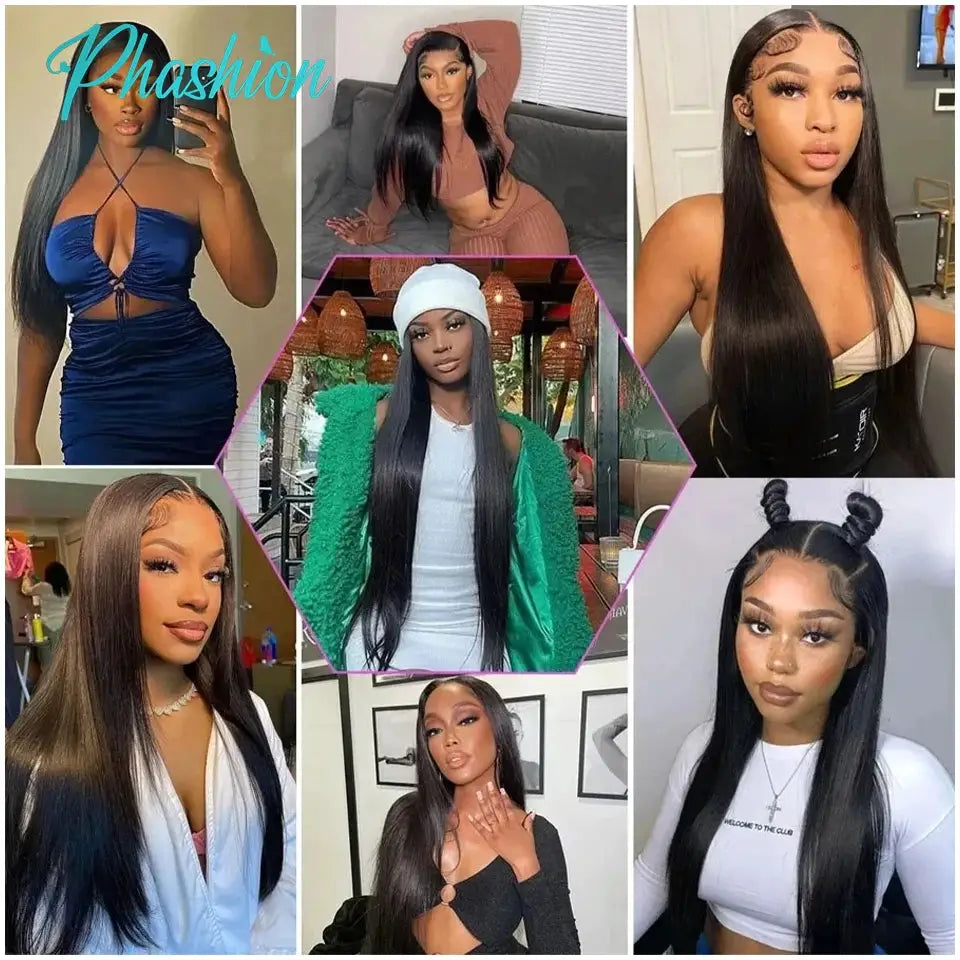 Phashion HD lace frontal wigs collage; 7 natural black 100% human-hair looks by Simples Market