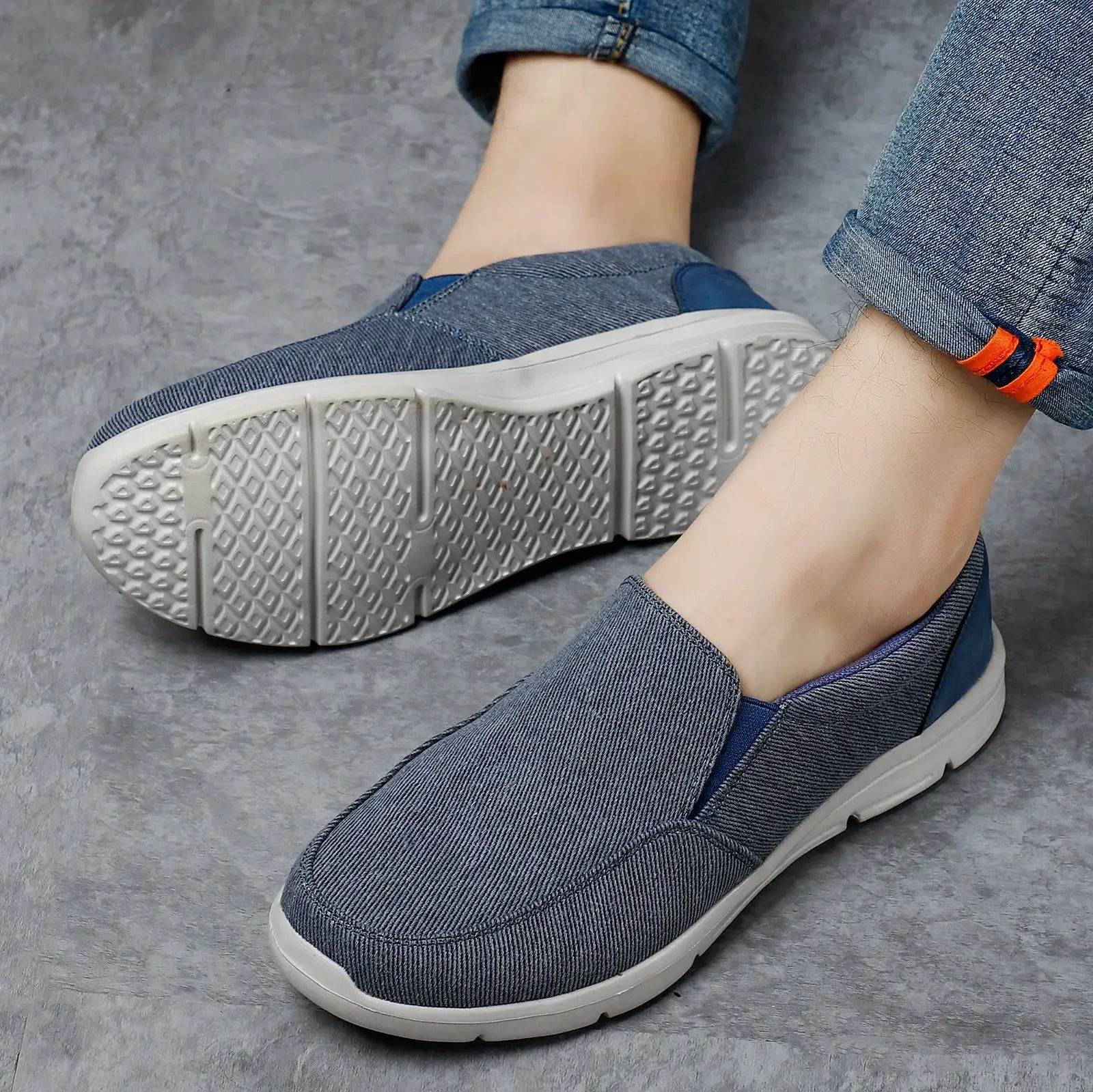 Men's denim canvas slip-on sneakers by Simples Market; blue breathable casual loafers with light gray sole