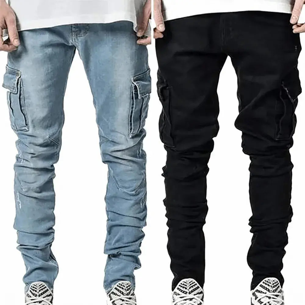 Street elastic cargo jeans for men in blue denim and black, two-tone with multiple pockets and elastic cuffs