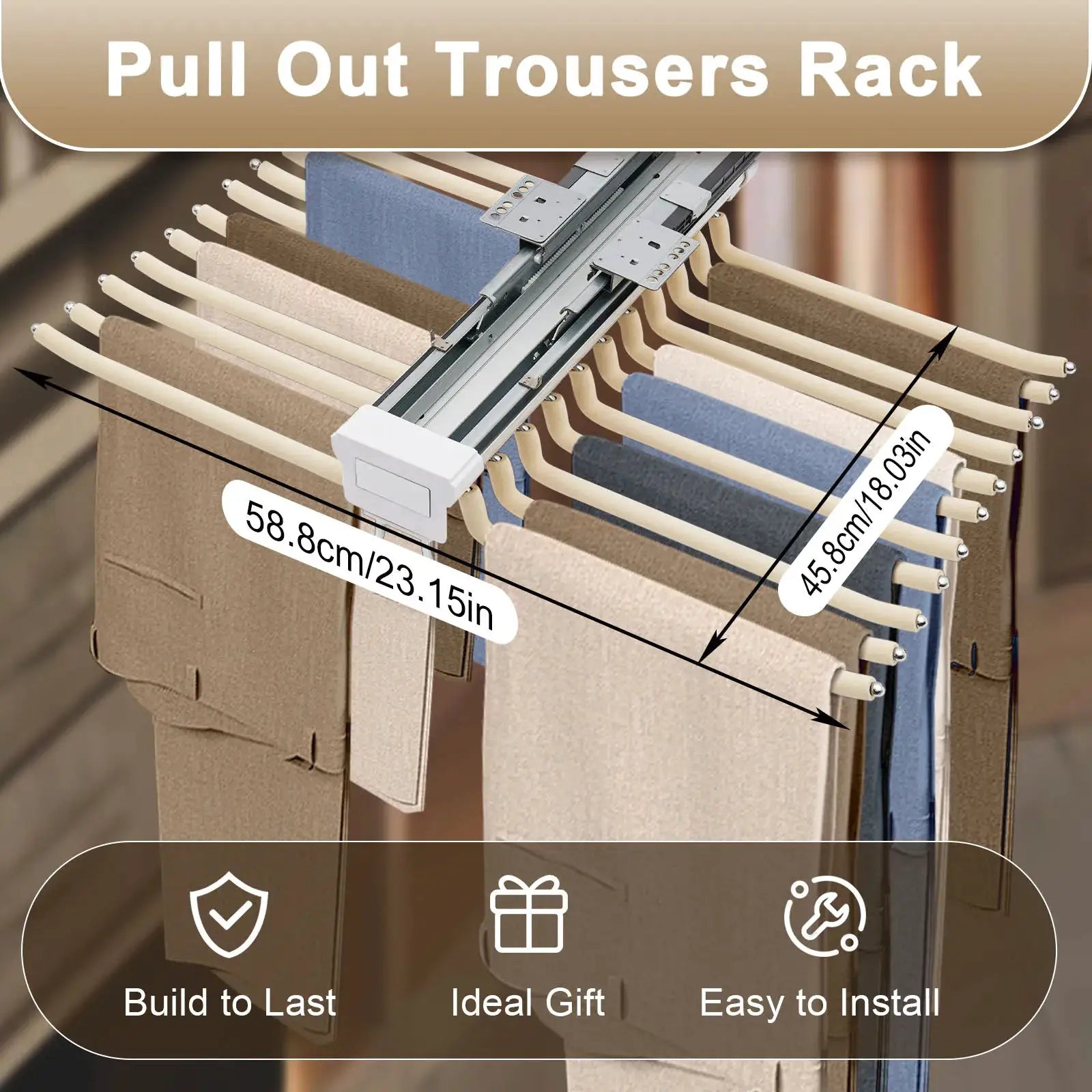 Pull-out trousers rack for wardrobes, extendable, 22-pair capacity, fits 46 cm deep wardrobes.