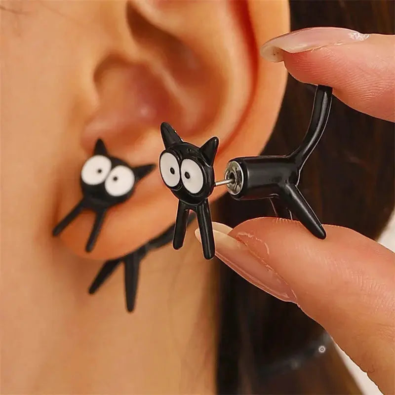 Pair of black cat design stud earrings for women, zinc alloy, lightweight, Simples Market