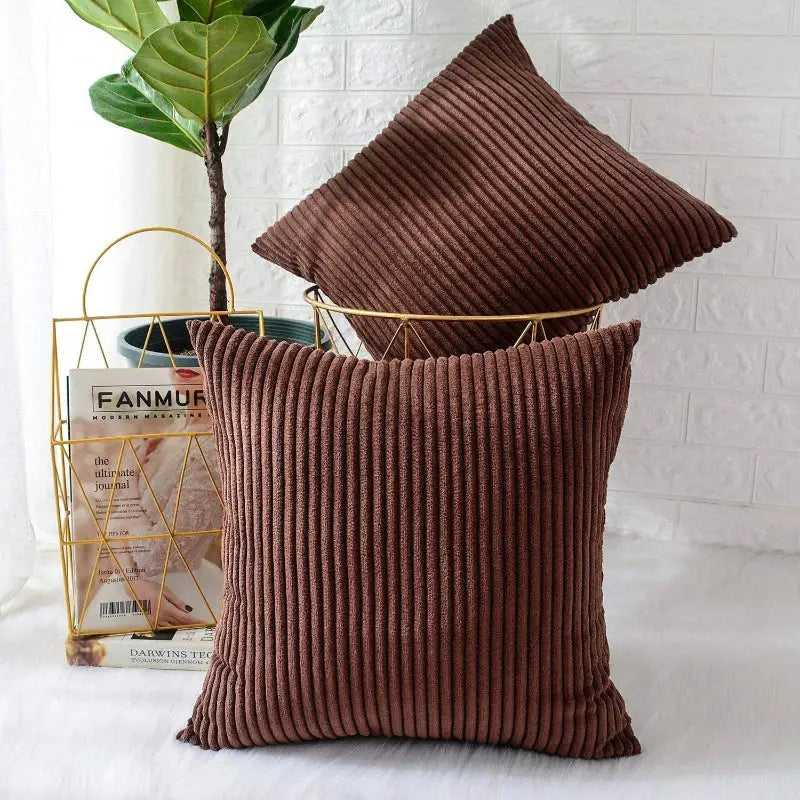 Corduroy pillow covers, brown plush cushions, 2-piece set for sofa or living room decor, two pillows shown