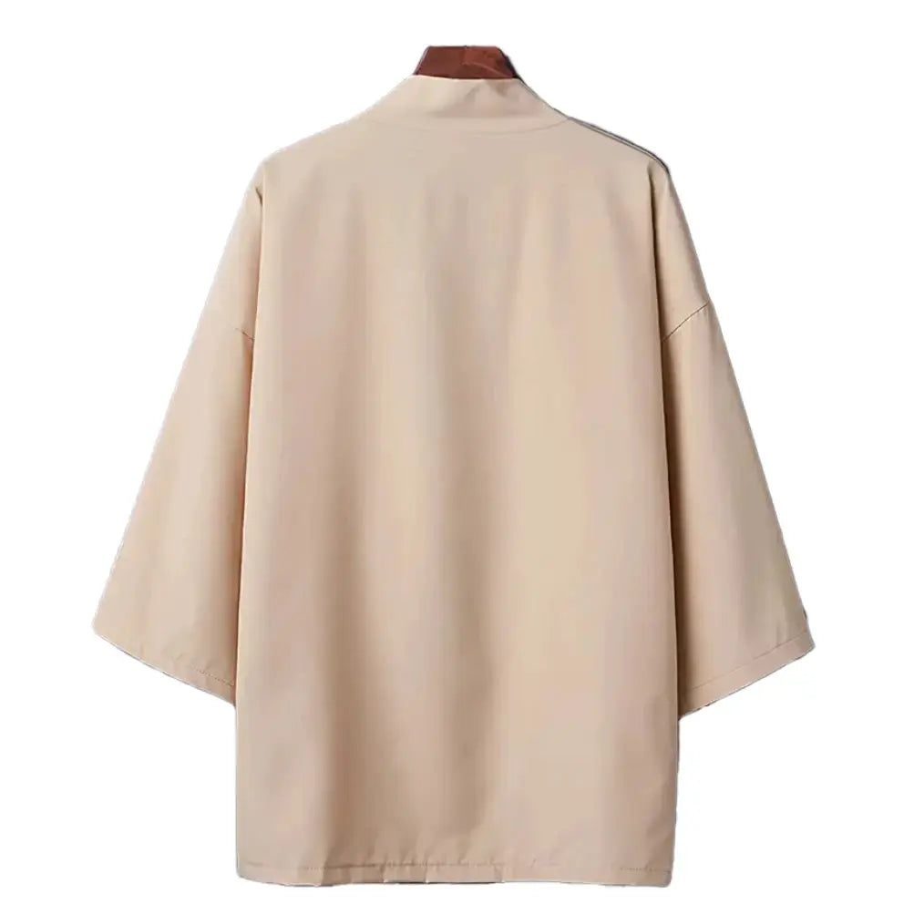 Men's kimono-style lightweight cardigan in beige, open-stitch casual outerwear with 3/4 sleeves.