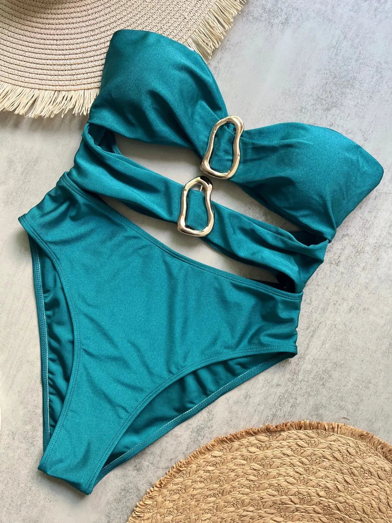 3 Colors Sexy Metal Rings Cut Out Women Neoprene Swimwear One Piece Bandeau High Leg Bathing Suit
