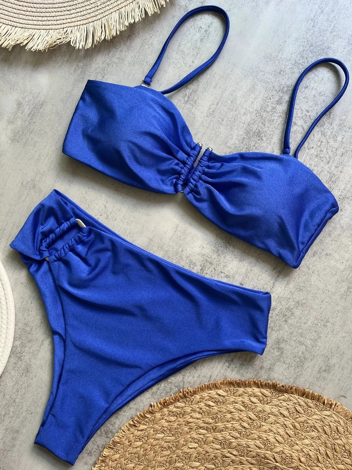 Blue solid bandeau bikini set with ruched push-up top and matching bottom
