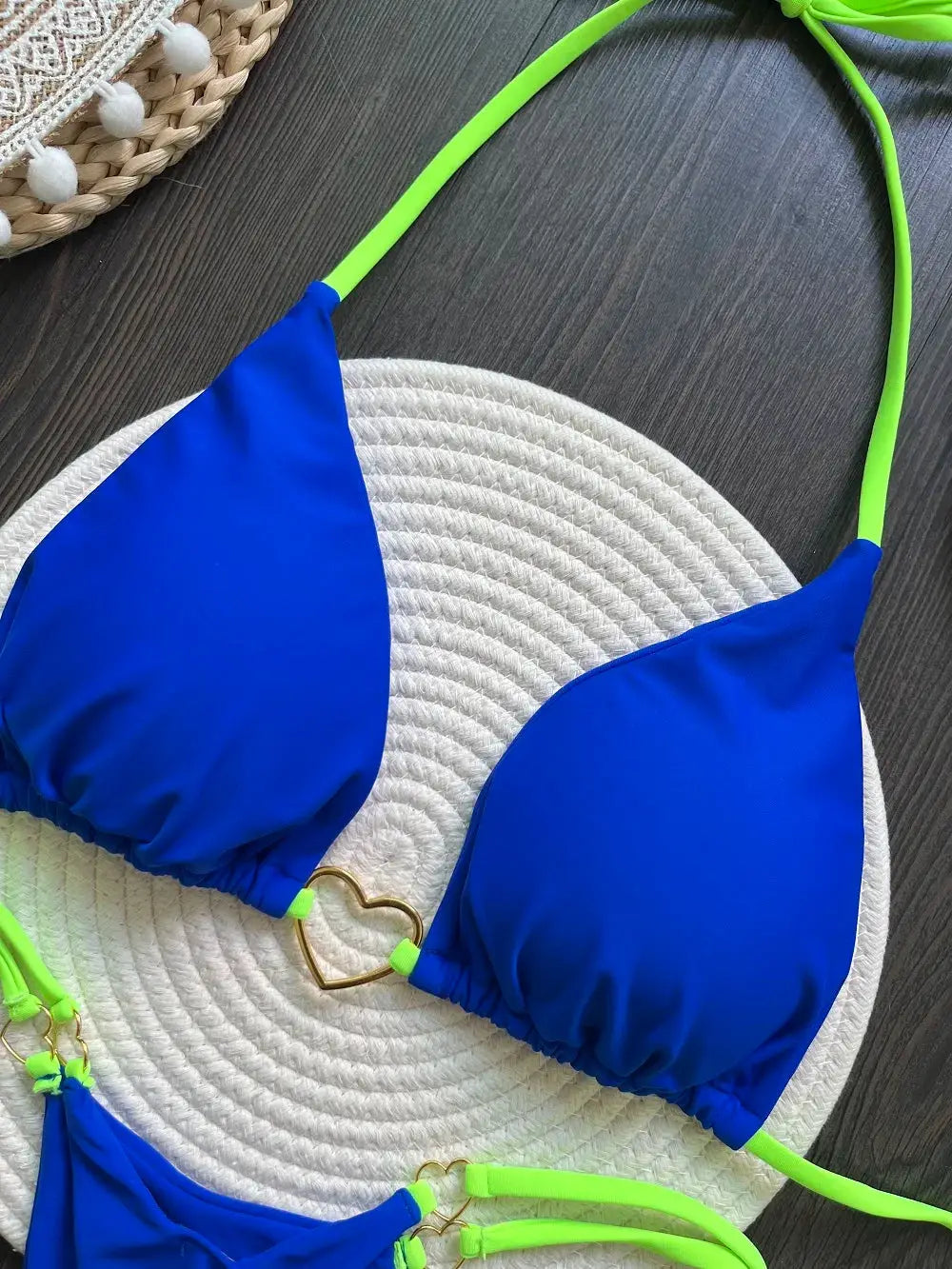 RUOTONSEPT blue bikini set with neon lime straps and a gold heart connector; two-piece triangle halter.