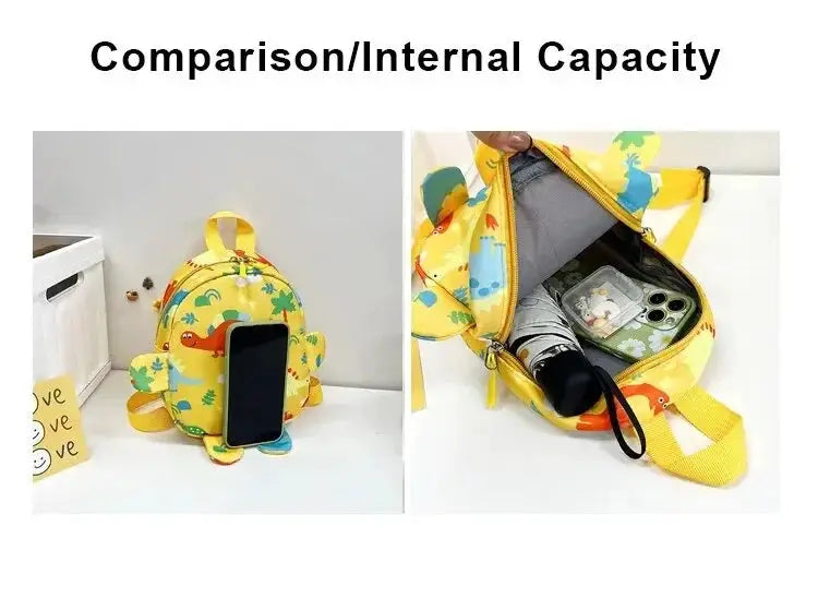 Cute cartoon dinosaur kids backpack, yellow with dinosaur print, adjustable straps, Simples Market