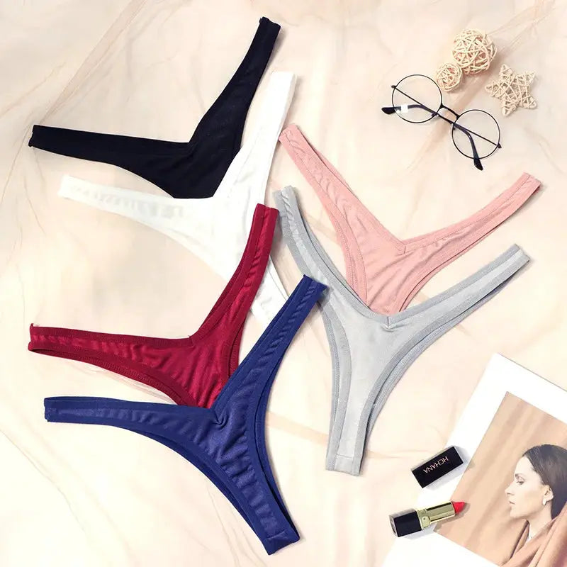 Sexy simple low waist thong underwear set of 6 in black, white, red, blue, gray, and pink