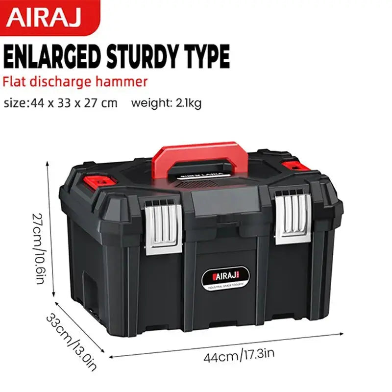 AIRAJ black ABS tool storage box with red top handle and silver metal latches; portable organizer, 44x33x27 cm