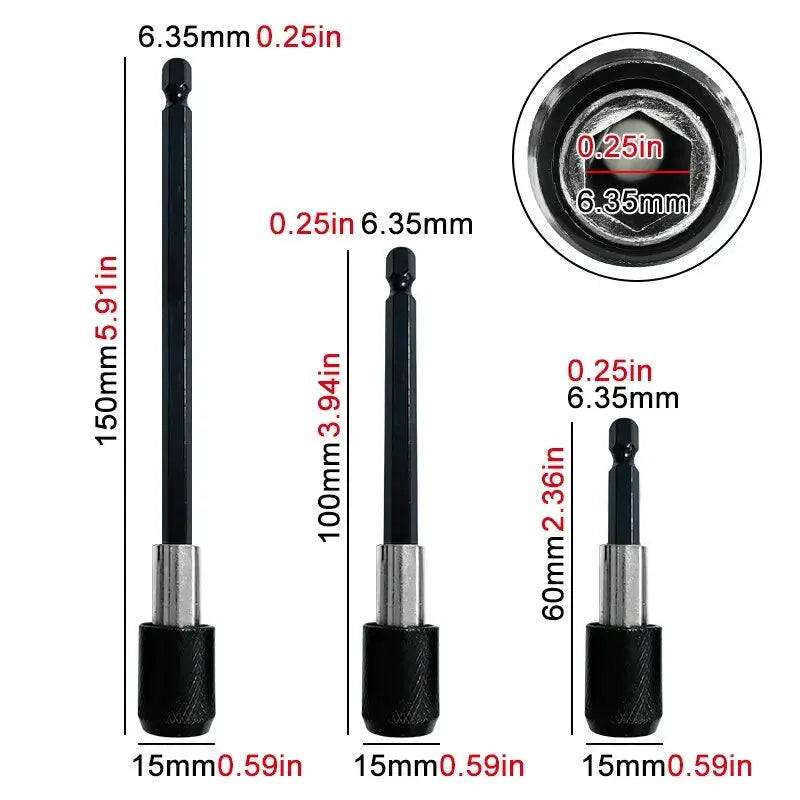 3-Piece Hexagonal Quick Release Self-Locking Extension Rod Set For Electric Drill Drivers