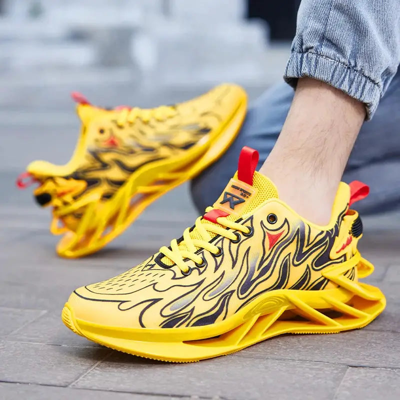 Men's yellow athletic sneakers with black flame pattern, breathable casual trainers (2)