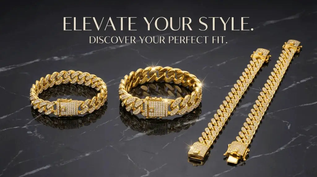 Gold-tone Cuban link chain jewelry set with diamond inlays; two chunky bracelets and two long chains