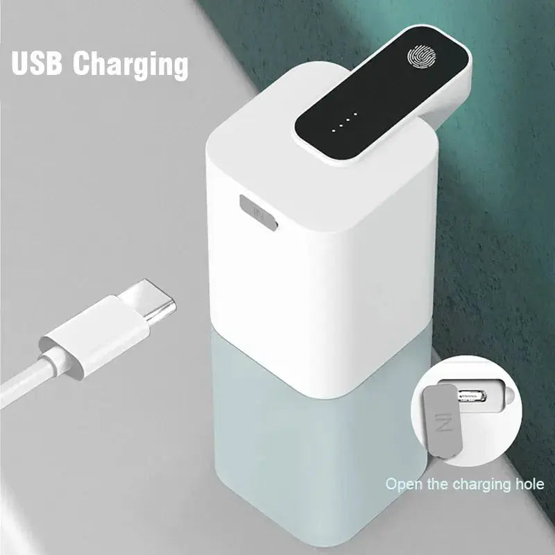Automatic touchless soap dispenser by Simples Market, white body with black top infrared sensor and USB charging