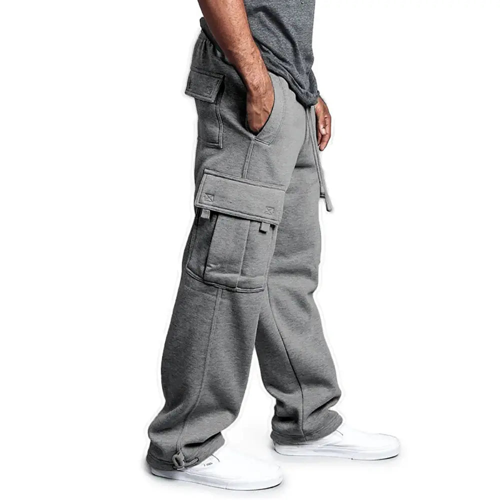 Simples Market mens grey cargo sweatpants with multiple pockets, drawstring waist, oversized fit