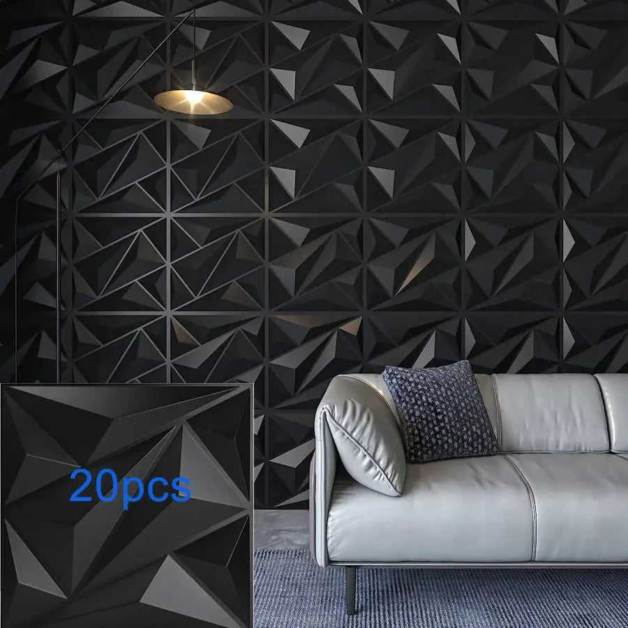 3D textured wall panels by Simples Market, 20pcs, black geometric design, 30x30 cm for indoor decor.